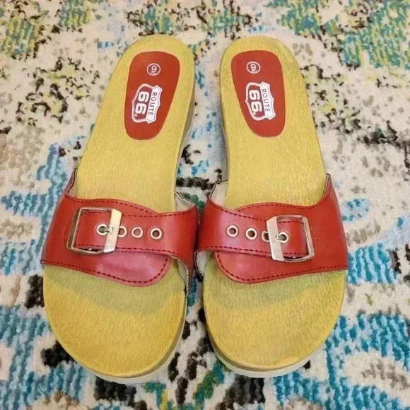 Route 66 Red Single Strappy Slip On Wooden Sandals, Size 9 Chunky Boho - Picture 5 of 9